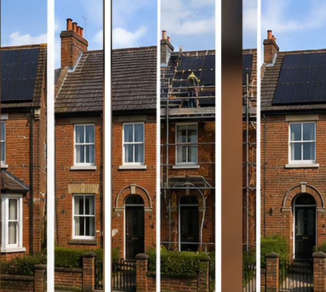 Illustrative example of a solar installation on a Belfast home, before, during and after